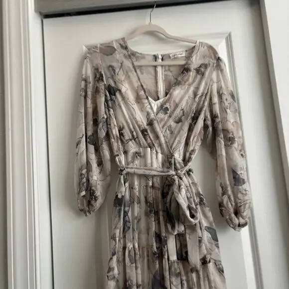 Calvin Klein Floral Chiffon Maxi Dress Sz 8 Faux Wrap Long Sleeve Tiered V-Neck - Picture 3 of 16